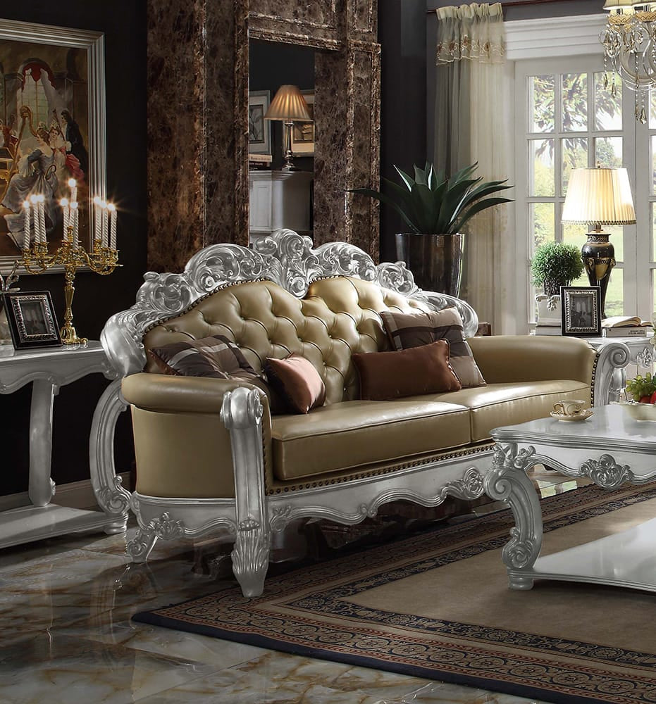 ACME Furniture - Vendome - Sofa w/4 Pillows - Bone Synthetic Leather & Gold Patina - 53000B view 1