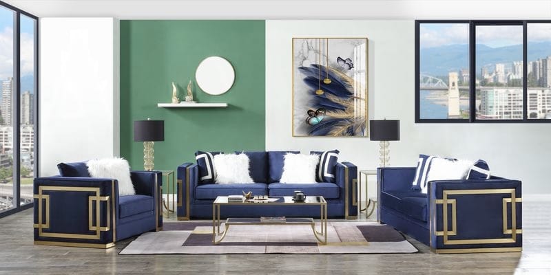 ACME Furniture - Virrux Sofa w/6 Pillows - Blue Velvet & Gold Finish - LV00293 view 6