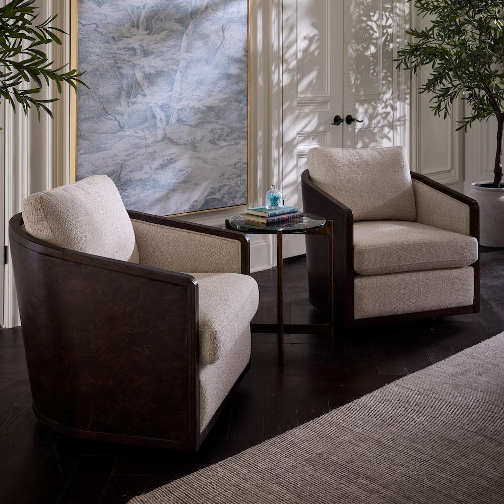 Alder & Tweed - Havana Upholstered Accent Swivel Chair Flanders Flaxand Perfomance Fabric Chocolate Burl Wood - AT9618-FLF/CTB veiw 5