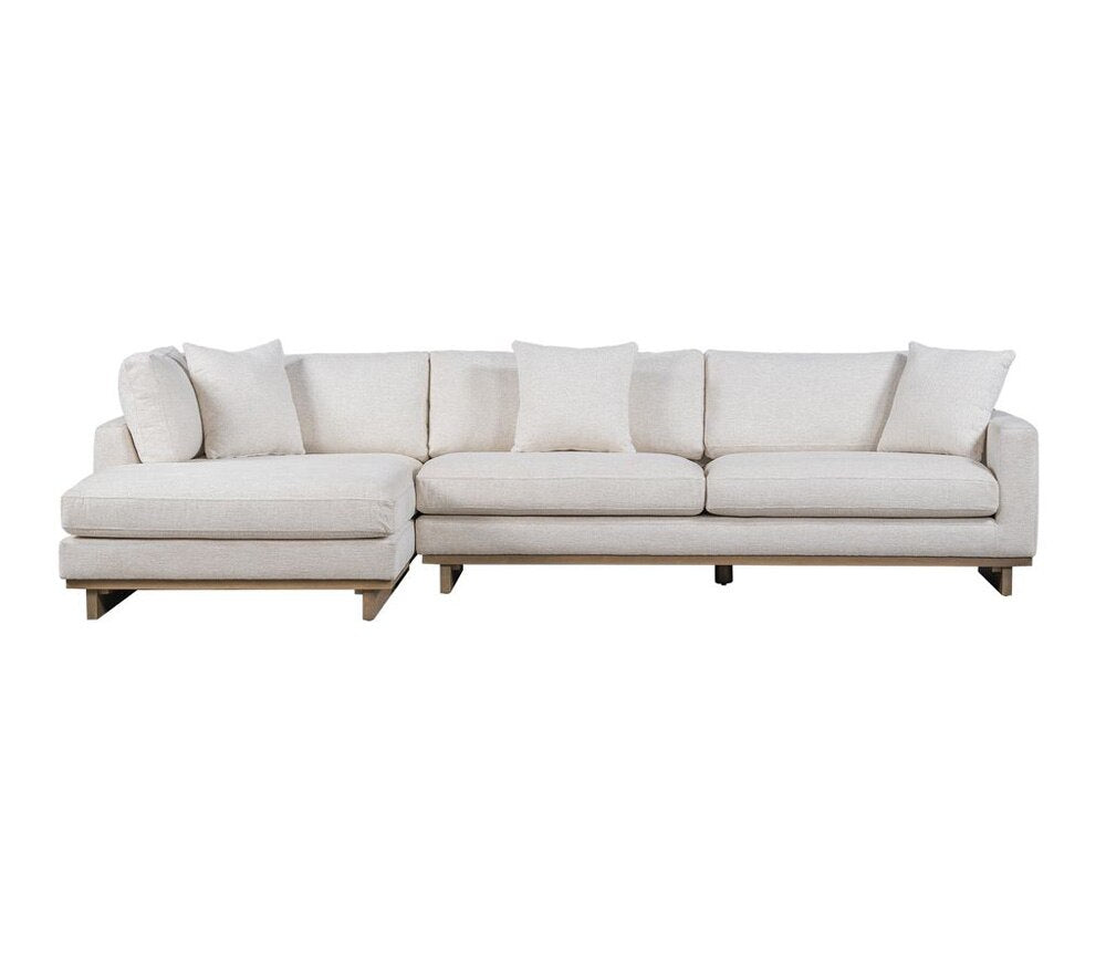 Alder & Tweed - Paxton Upholstered Cream Fabric in Mocha wood Finish Solid Wood frame 131in Sectional with Chaise - AT10961-SWC/MMC veiw 2