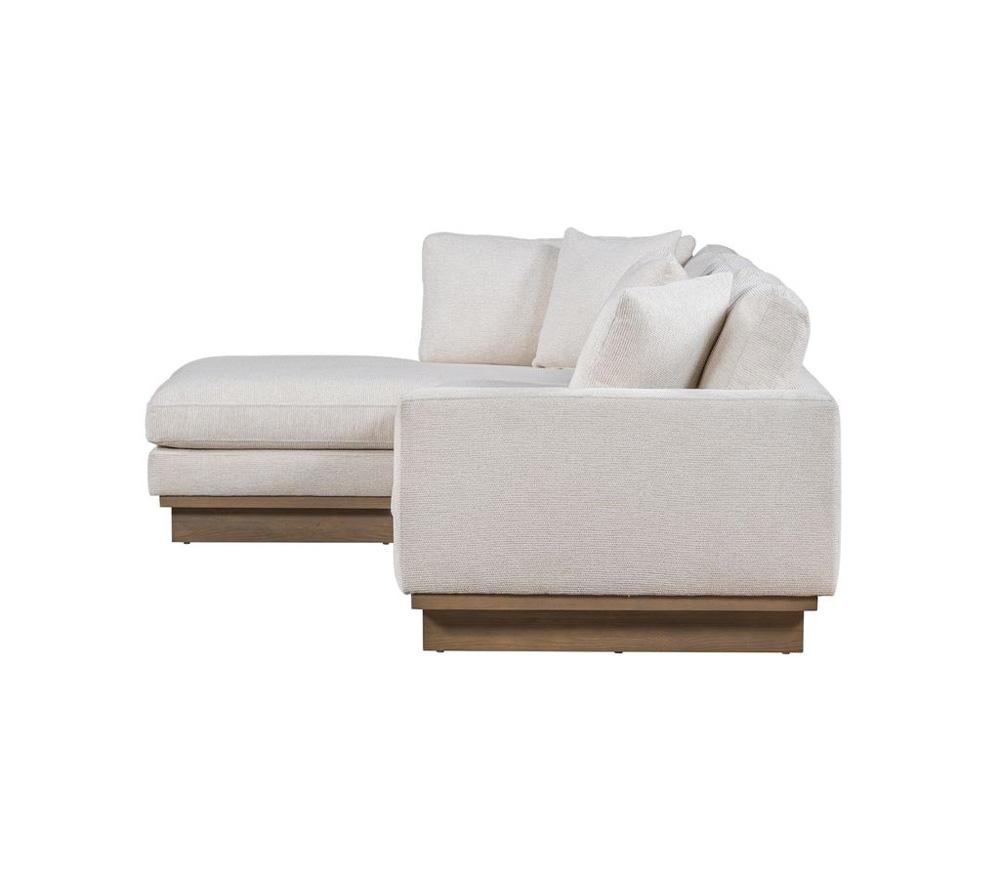 Alder & Tweed - Paxton Upholstered Cream Fabric in Mocha wood Finish Solid Wood frame 131in Sectional with Chaise - AT10961-SWC/MMC veiw 4