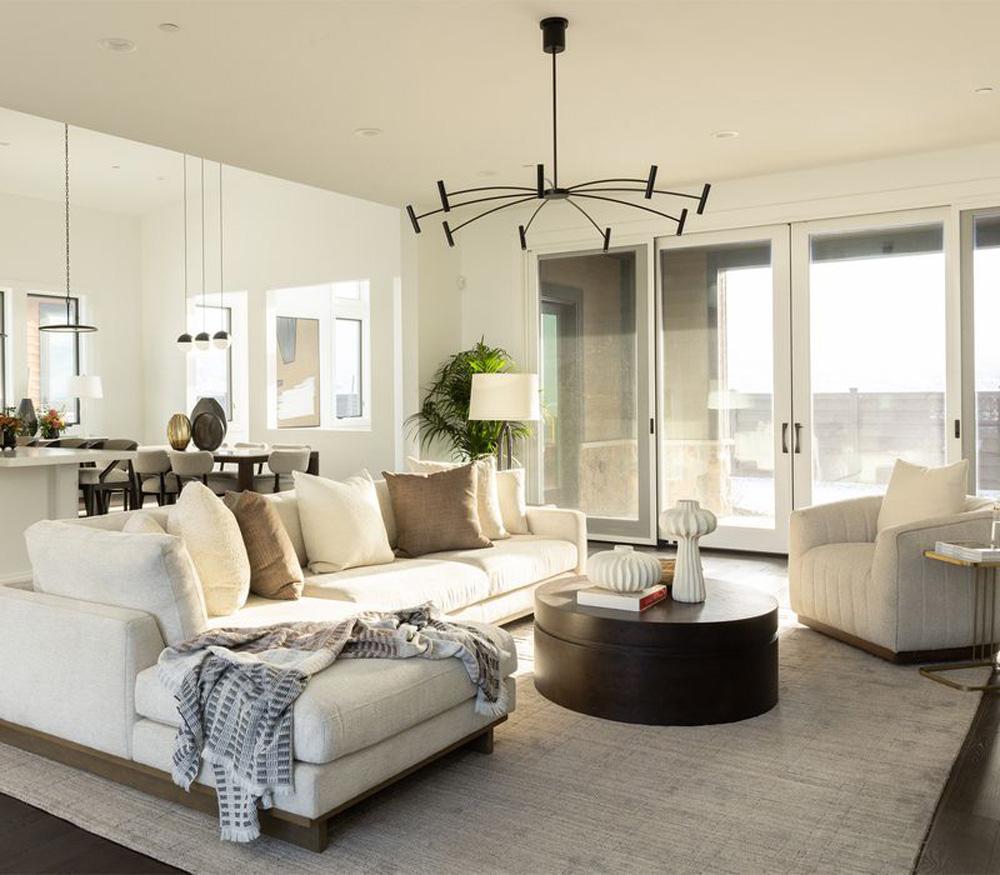 Alder & Tweed - Paxton Upholstered Cream Fabric in Mocha wood Finish Solid Wood frame 131in Sectional with Chaise - AT10961-SWC/MMC veiw 6