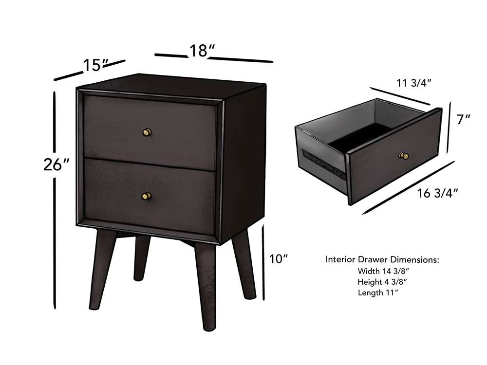 Alpine Furniture - Flynn Mid Century Modern 2 Drawer Nightstand, Black - 966BLK-02 veiw 8
