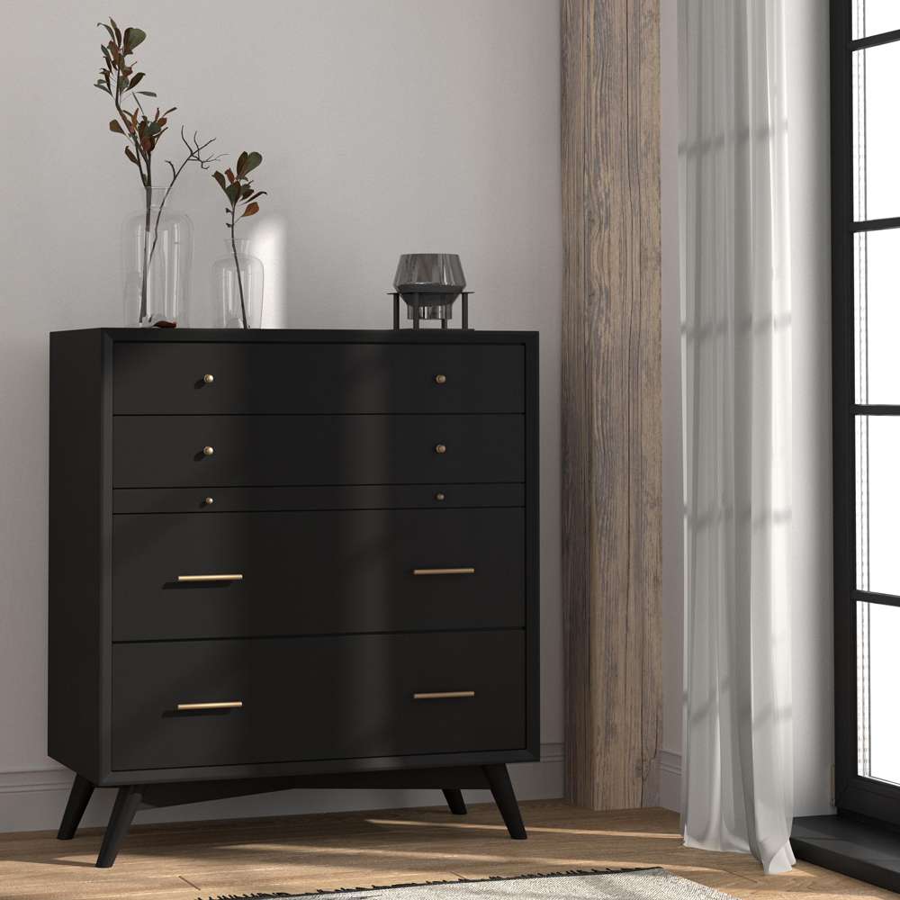 Alpine Furniture - Flynn Mid Century Modern 4 Drawer Multifunction Chest w/Pull Out Tray, Black - 966BLK-05 veiw 8