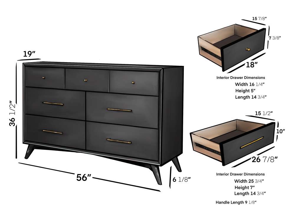 Alpine Furniture - Flynn Mid Century Modern 7 Drawer Dresser, Black - 966BLK-03 veiw 8