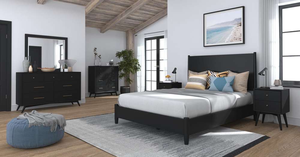 Alpine Furniture - Flynn Mid Century Modern Queen Panel Bed, Black - 966BLK-01Q veiw 2