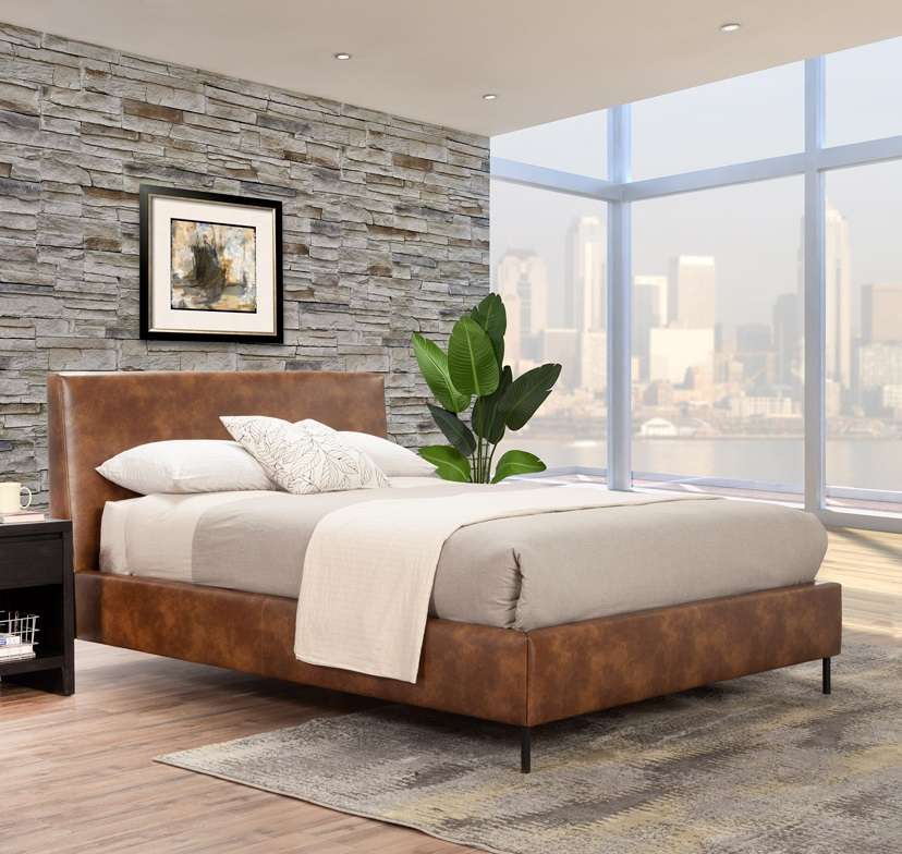 Alpine Furniture - Sophia Queen Faux Leather Platform Bed, Brown - 6902Q-BRN veiw 1