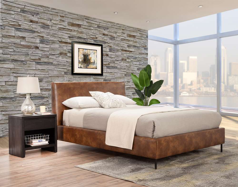 Alpine Furniture - Sophia Queen Faux Leather Platform Bed, Brown - 6902Q-BRN veiw 2