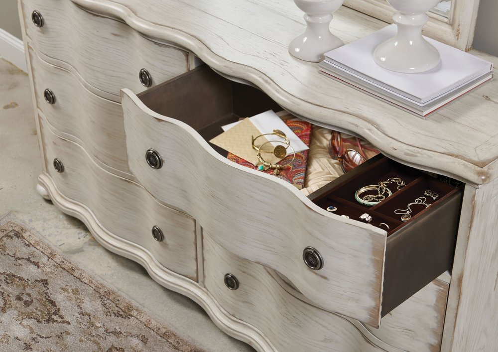 American Drew - Cambric Creme Helene Six Drawer Dresser With Serpentine Mirror - 309-130C020C view 6