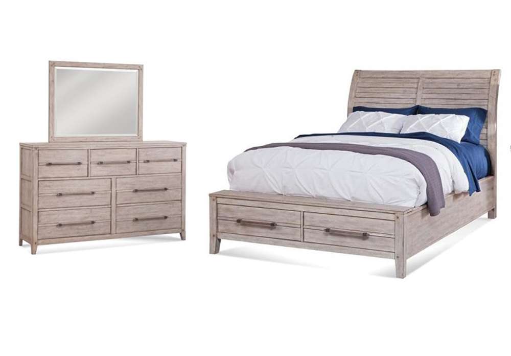 American Woodcrafters - Aurora 3 Pc Bedroom Set - Queen Sleigh Bed w/ Storage Footboard, Dresser, Mirror - Whitewash - 2810-QSLST-3PC veiw 1