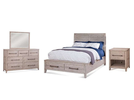 American Woodcrafters - Aurora 4 Pc Bedroom Set - Queen Panel Bed w/ Storage Footboard, Dresser, Mirror, 1 Drawer Nightstand - Whitewash - 2810-QPNST-4PC veiw 1