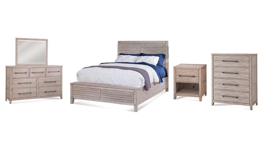 American Woodcrafters - Aurora 5 Pc Bedroom Set - Queen Panel Bed, Dresser, Mirror, 1 Drawer Nightstand, Chest - Whitewash - 2810-QPNPN-5PC veiw 1
