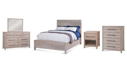 American Woodcrafters - Aurora 5 Pc Bedroom Set - Queen Panel Bed, Dresser, Mirror, 1 Drawer Nightstand, Chest - Whitewash - 2810-QPNPN-5PC veiw 1