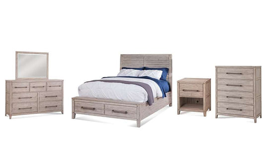 American Woodcrafters - Aurora 5 Pc Bedroom Set - Queen Panel Bed w/ Storage Footboard, Dresser, Mirror, 1 Drawer Nightstand, Chest - Whitewash - 2810-QPNST-5PC veiw 1