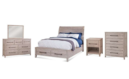 American Woodcrafters - Aurora 5 Pc Bedroom Set - Queen Sleigh Bed w/ Storage Footboard, Dresser, Mirror, Chest, 1 Drawer Nightstand - Whitewash - 2810-QSLST-5PC veiw 1