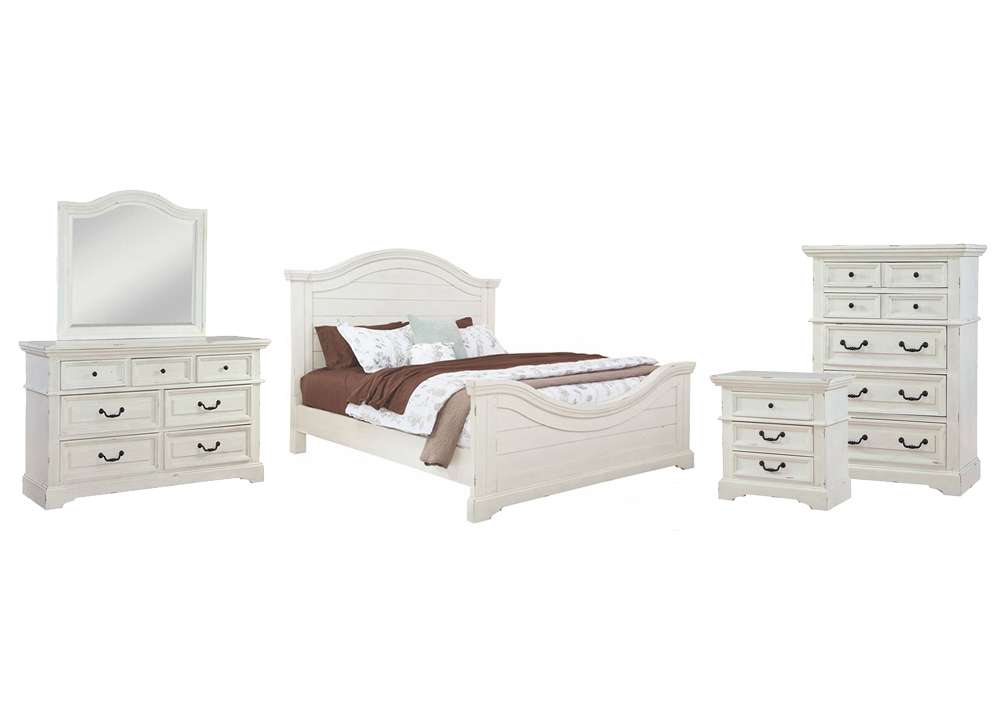 American Woodcrafters - Stonebrook 5 Pc Bedroom Set - Queen Bed, Dresser, Mirror, Chest, Nightstand - Distressed Antique White - 7810-QPNPN-5PCS veiw 1