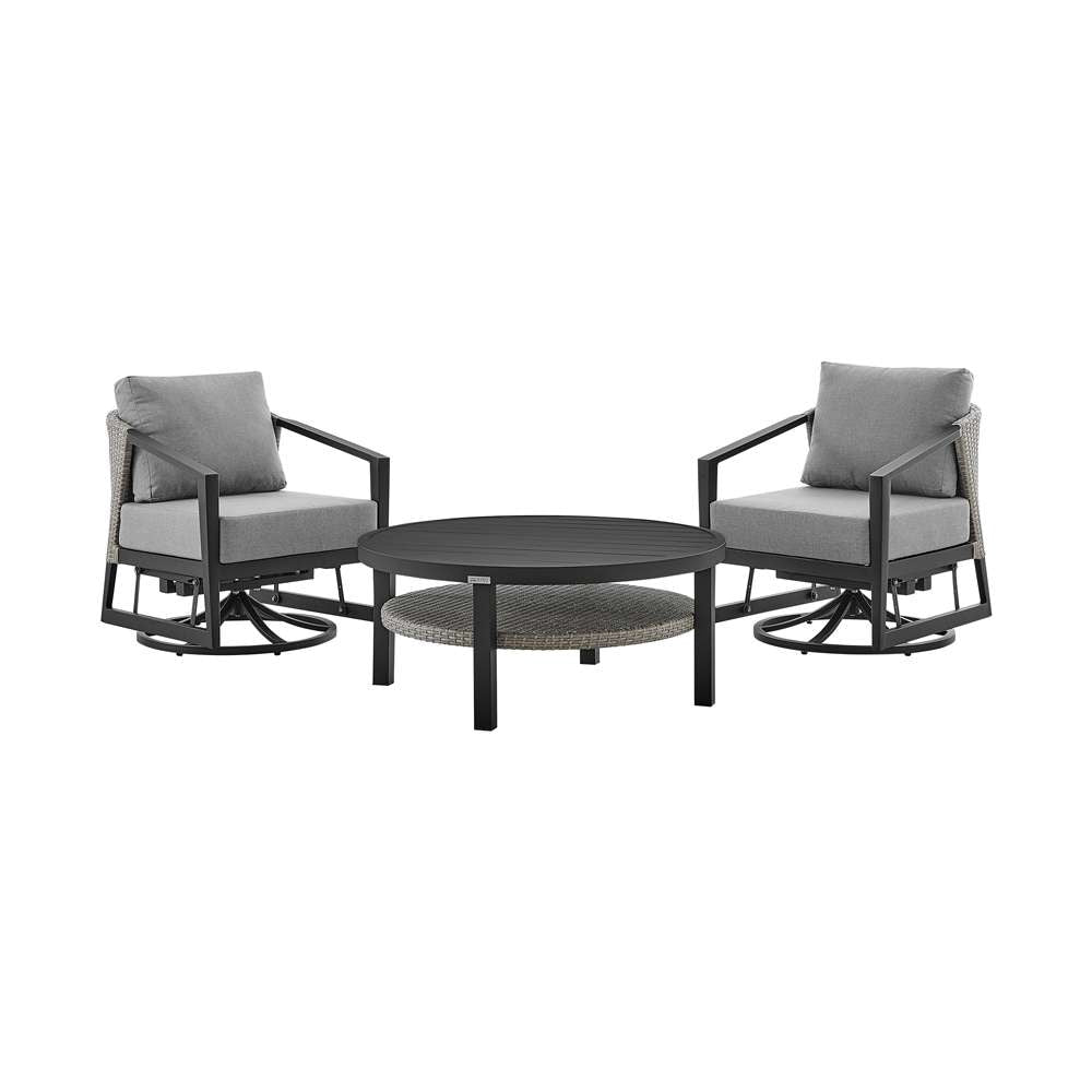 Armen Living - Aileen 3 Piece Patio Outdoor Swivel Seating Set in Black Aluminum with Grey Wicker and Cushions - 840254332645 veiw 1