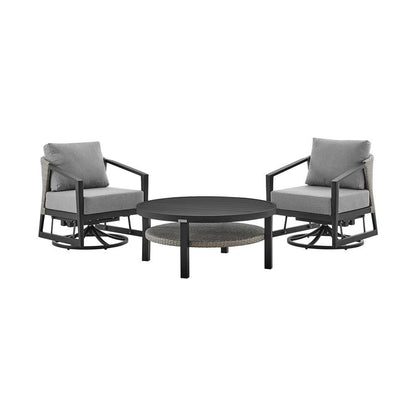 Armen Living - Aileen 3 Piece Patio Outdoor Swivel Seating Set in Black Aluminum with Grey Wicker and Cushions - 840254332645 veiw 1