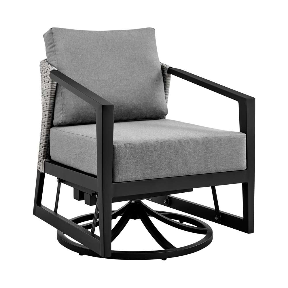 Armen Living - Aileen 3 Piece Patio Outdoor Swivel Seating Set in Black Aluminum with Grey Wicker and Cushions - 840254332645 veiw 2