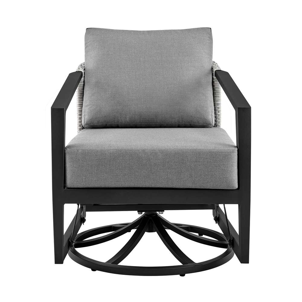 Armen Living - Aileen 3 Piece Patio Outdoor Swivel Seating Set in Black Aluminum with Grey Wicker and Cushions - 840254332645 veiw 3