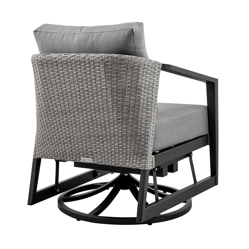 Armen Living - Aileen 3 Piece Patio Outdoor Swivel Seating Set in Black Aluminum with Grey Wicker and Cushions - 840254332645 veiw 4