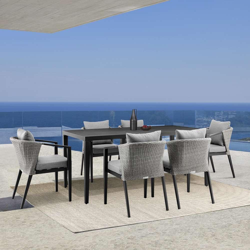 Armen Living - Aileen Outdoor Patio 7-Piece Dining Table Set in Aluminum and Wicker with Grey Cushions - 840254333222 veiw 7