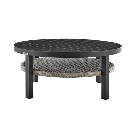 Armen Living - Aileen Outdoor Patio Round Coffee Table in Black Aluminum with Grey Wicker Shelf - 840254332508 veiw 1