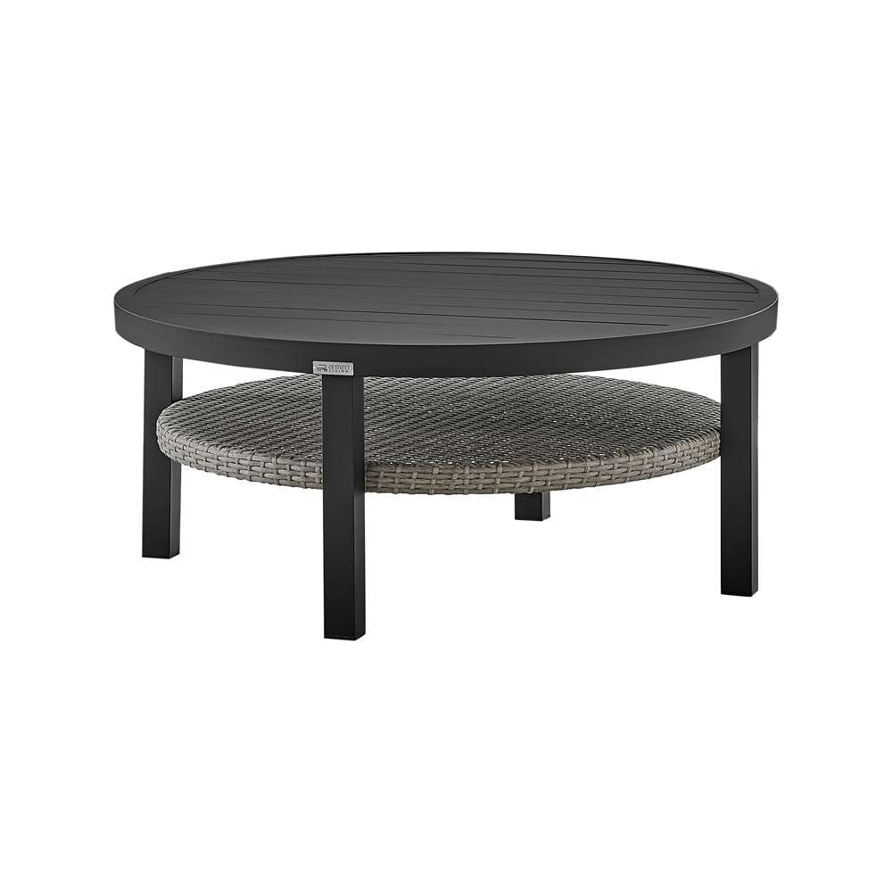 Armen Living - Aileen Outdoor Patio Round Coffee Table in Black Aluminum with Grey Wicker Shelf - 840254332508 veiw 2