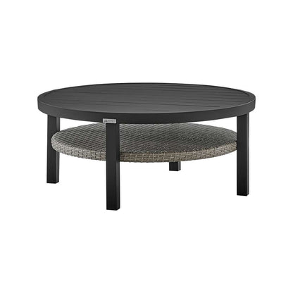 Armen Living - Aileen Outdoor Patio Round Coffee Table in Black Aluminum with Grey Wicker Shelf - 840254332508 veiw 2