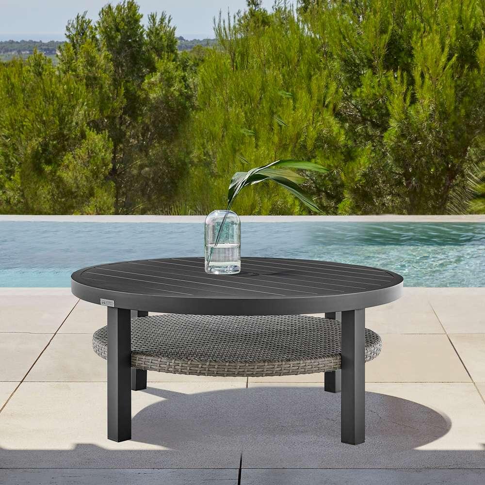 Armen Living - Aileen Outdoor Patio Round Coffee Table in Black Aluminum with Grey Wicker Shelf - 840254332508 veiw 6