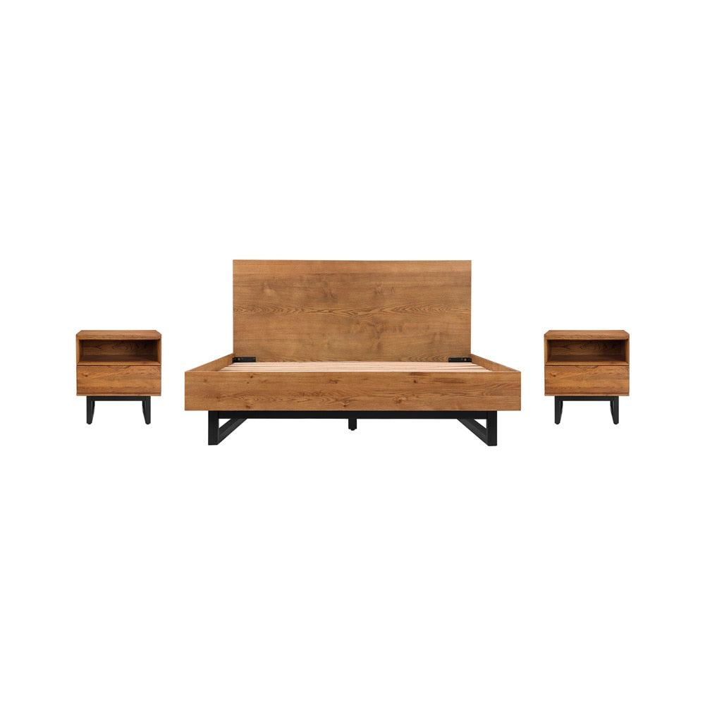 Armen Living - Aldo Queen Size 3 Piece Platform Bed Frame Bedroom Set in Brown Oak Wood and Black Metal - SETAOBDBRQN3A veiw 1
