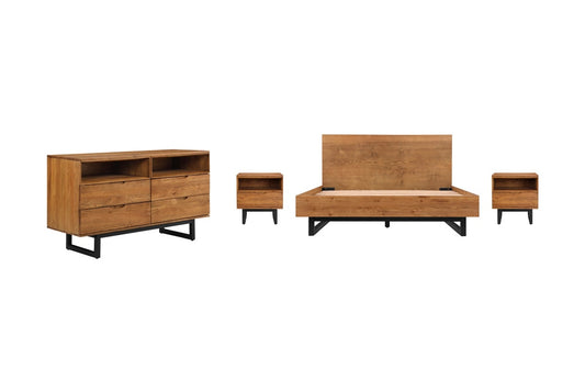 Armen Living - Aldo Queen Size 4 Piece Platform Bed Frame Bedroom Set in Brown Oak Wood and Black Metal - SETAOBDBRQN4B veiw 1