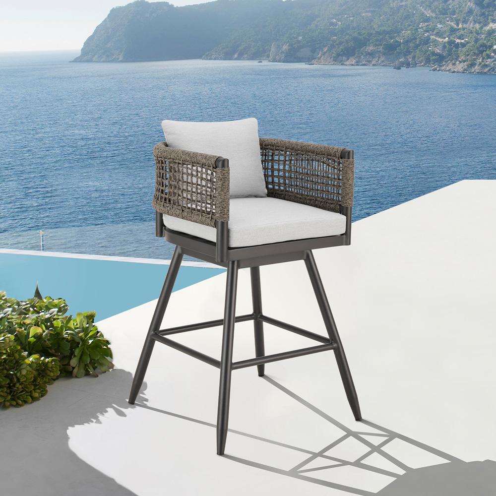 Armen Living - Alegria Outdoor Patio Swivel Bar Stool in Aluminum with Gray Rope and Light Gray Cushions - LCAFSWBABL30 veiw 8