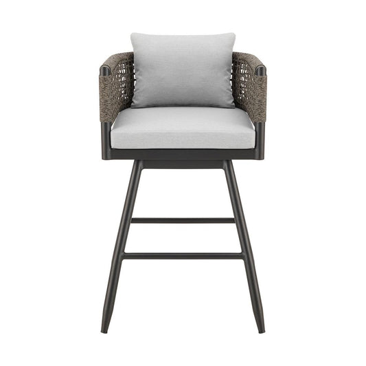 Armen Living - Alegria Outdoor Patio Swivel Counter Stool in Aluminum with Gray Rope and Light Gray Cushions - LCAFSWBABL26 veiw 2