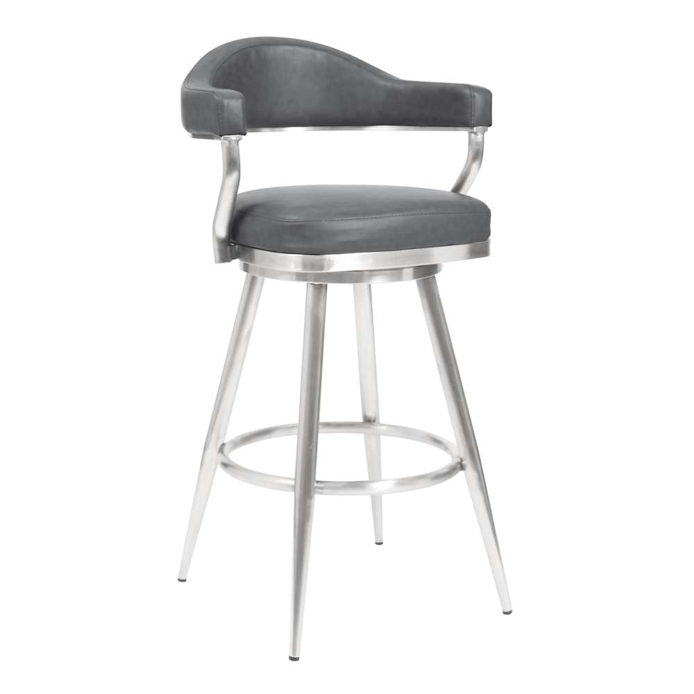 Armen Living - Amador 26in Counter Height Barstool in Brushed Stainless Steel and Vintage Gray Faux Leather - 721535747047 veiw 1