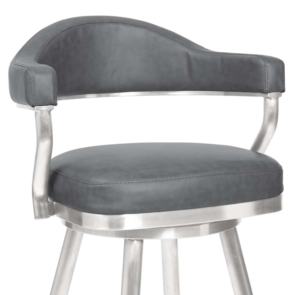 Armen Living - Amador 26in Counter Height Barstool in Brushed Stainless Steel and Vintage Gray Faux Leather - 721535747047 veiw 3