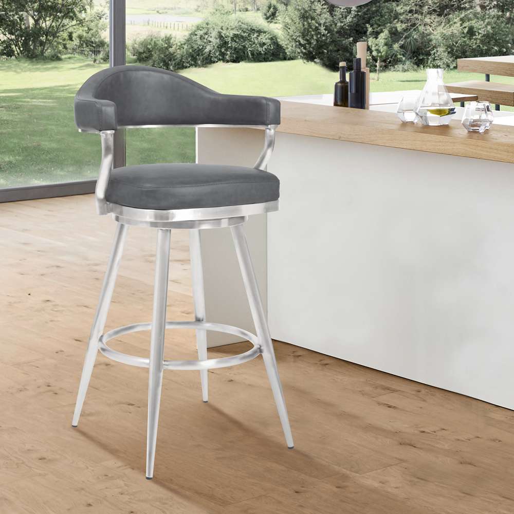 Armen Living - Amador 26in Counter Height Barstool in Brushed Stainless Steel and Vintage Gray Faux Leather - 721535747047 veiw 6