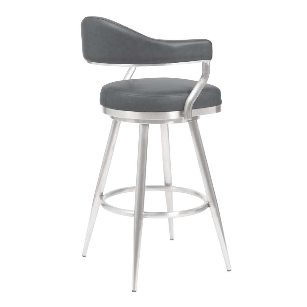 Armen Living - Amador 30in Bar Height Barstool in Brushed Stainless Steel and Vintage Gray Faux Leather - 721535747054 veiw 2