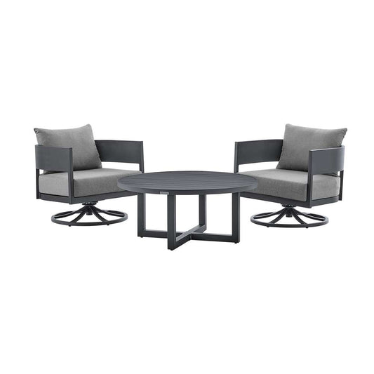 Armen Living - Argiope 3 Piece Patio Outdoor Swivel Seating Set in Dark Grey Aluminum with Grey Cushions - 840254332638 veiw 1