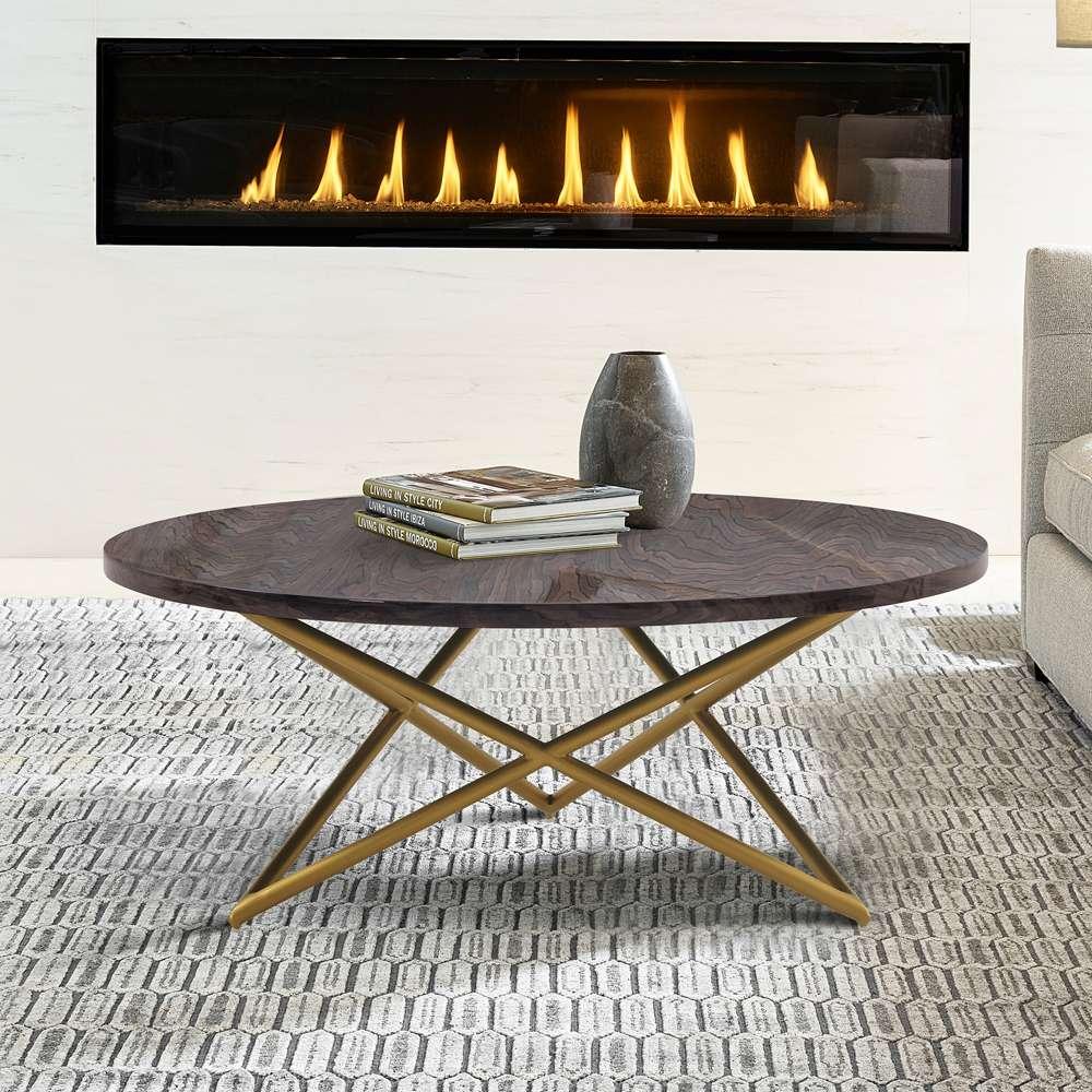 Armen Living Atala Brown Veneer Coffee Table with Brushed Gold Legs