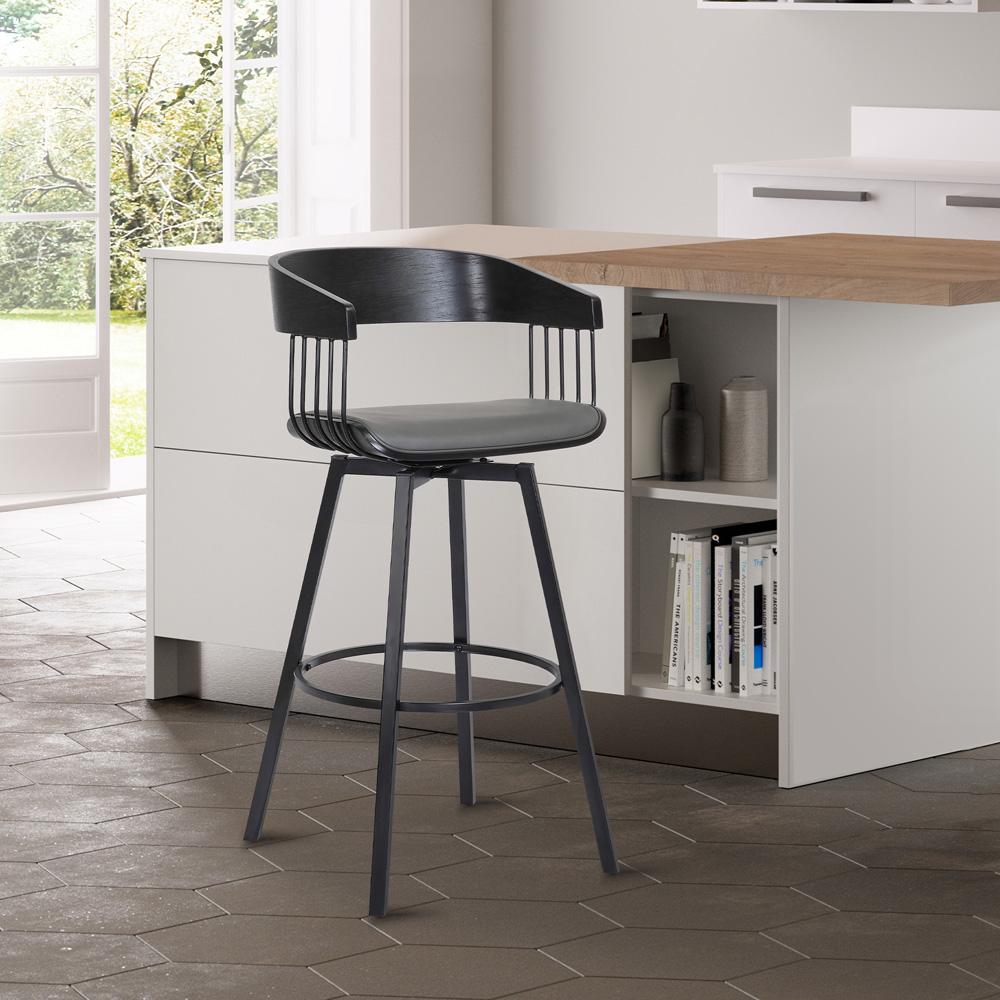 Armen Living  - Athena 31in Swivel Black Wood Bar Stool in Grey Faux Leather with Black Metal - LCATBABLKGRY30 veiw 9