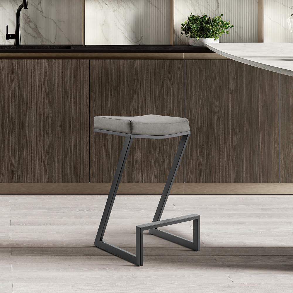 Armen Living - Atlantis 30in Backless Bar Stool with Matte Black Iron and Vintage Gray Faux Leather - LCAT30BLKVGRY veiw 8