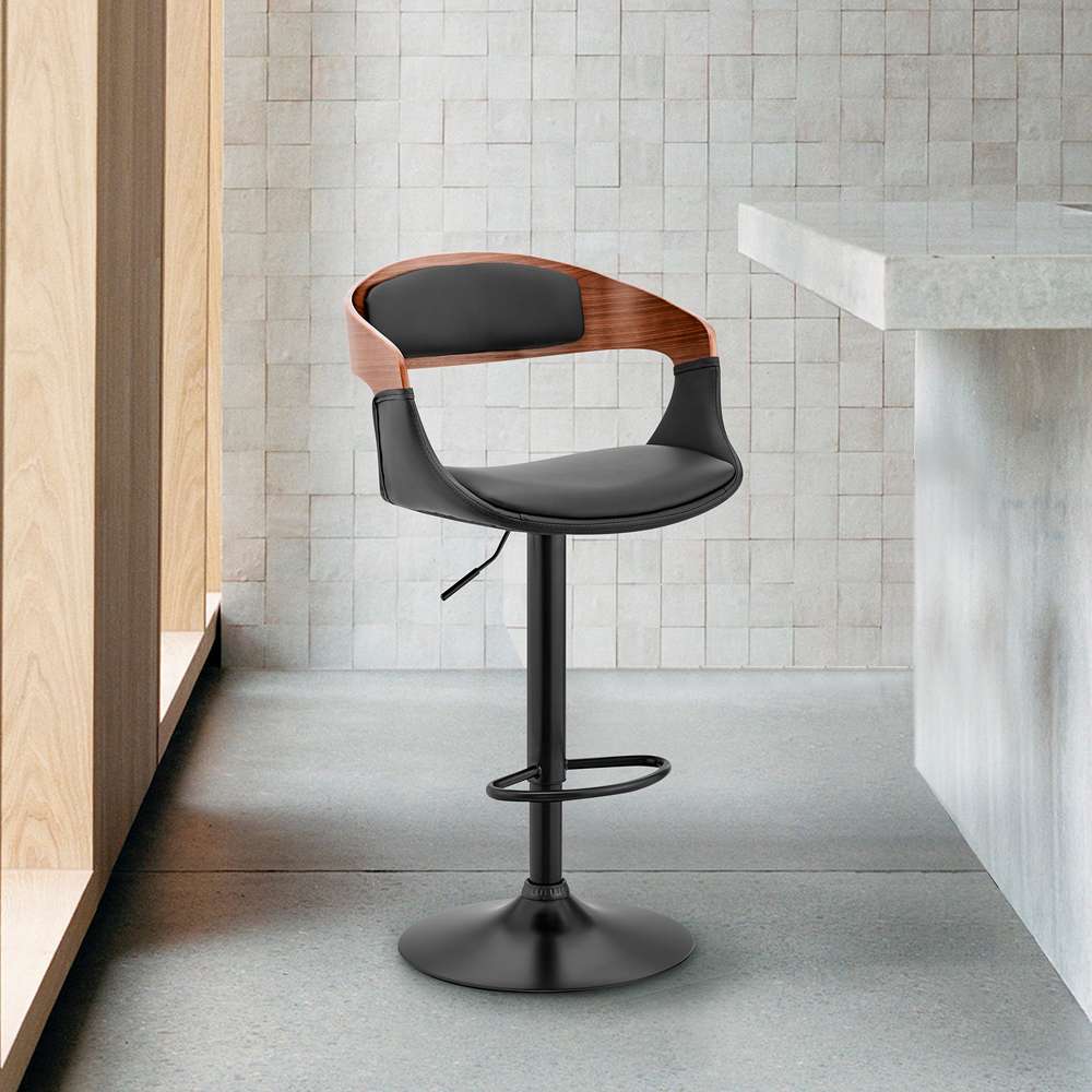Armen Living  - Benson Adjustable Black Faux Leather and Walnut Wood Bar Stool with Black Base - LCBNBAWABLBL veiw 11