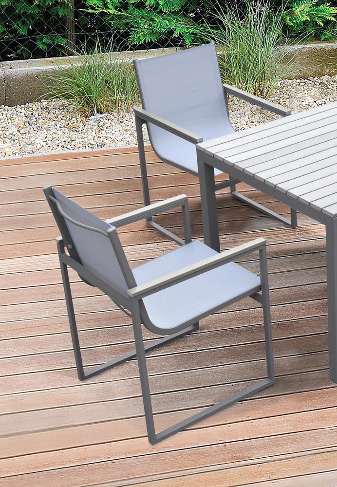 Armen Living - Bistro Outdoor Patio Dining Chair in Grey Powder Coated Finish with Grey Sling Textilene and Grey Wood Accent Arms (Set of 2) - LCBICHGR_CLOSEOUT veiw 7