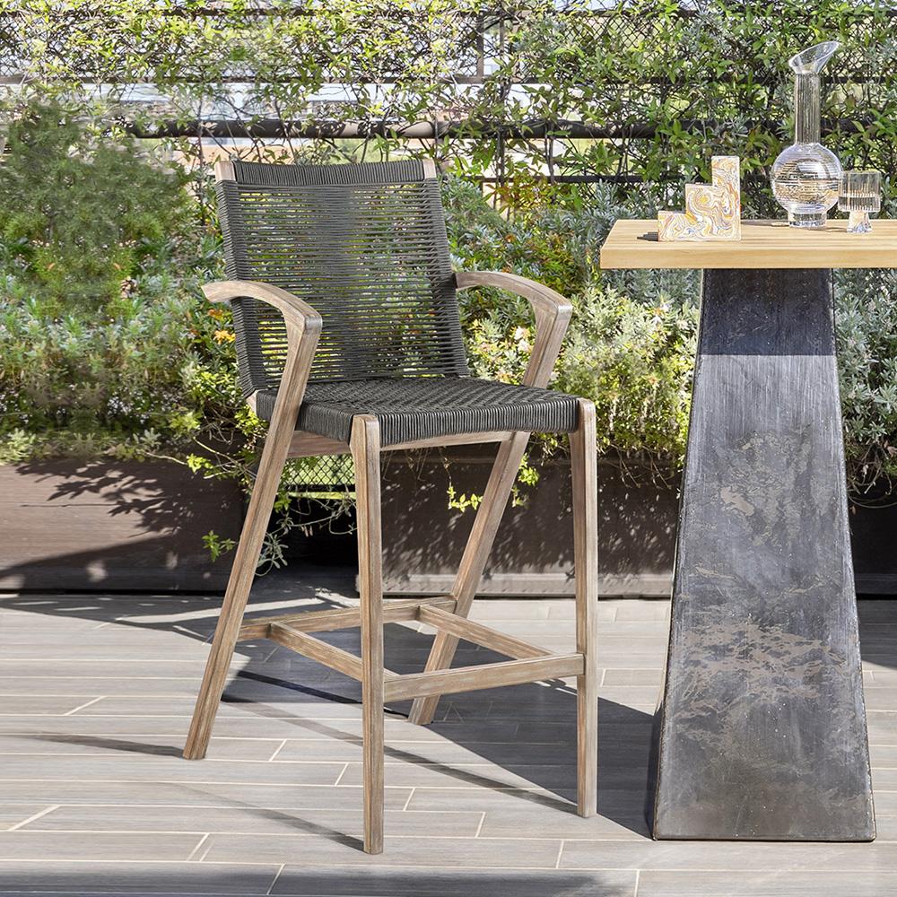 Armen Living - Brielle Outdoor Light Eucalyptus Wood and Charcoal Rope Bar Height Stool - LCBLBACH30 veiw 8