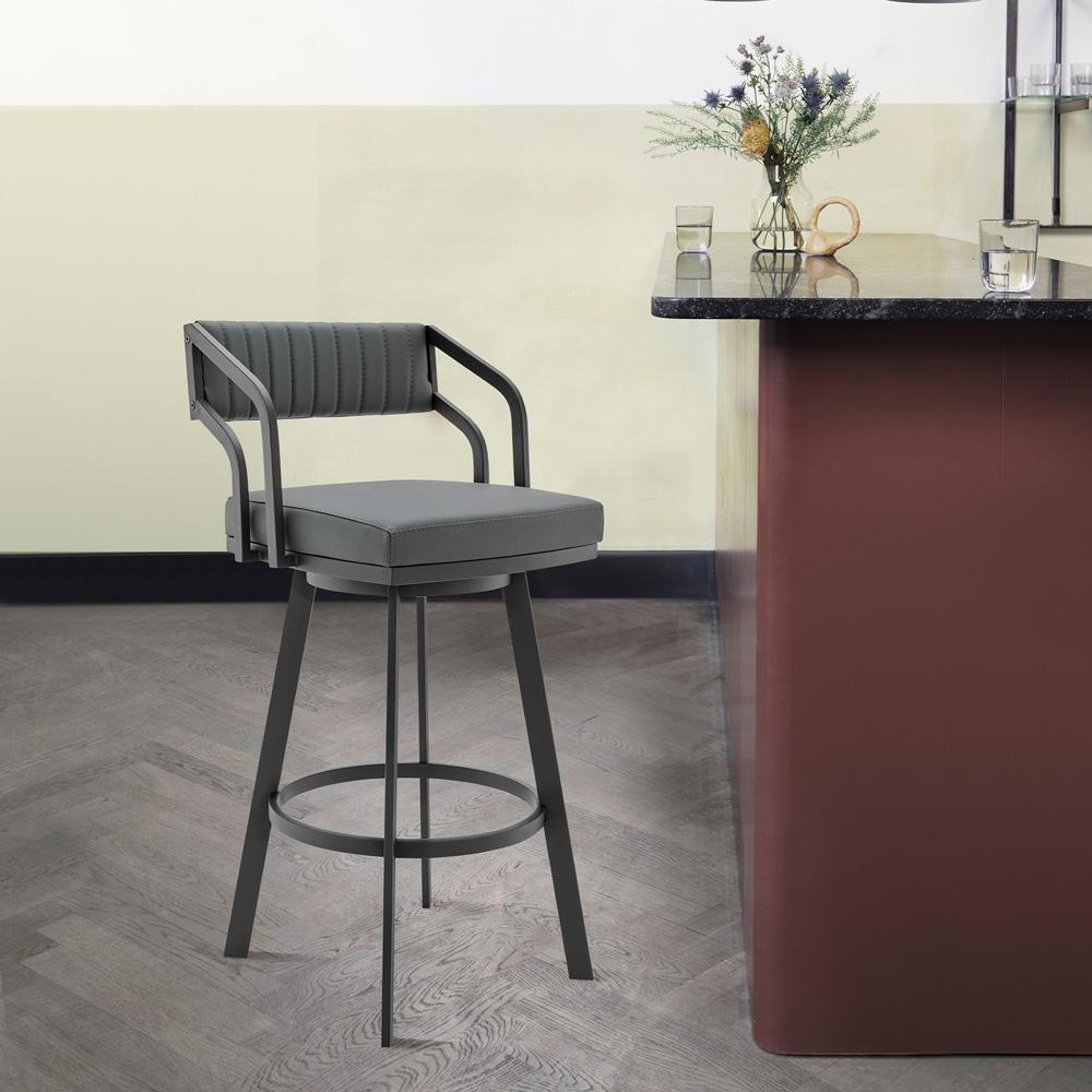 Armen Living - Capri 26in Swivel Modern Black Metal and Slate Gray Faux Leather Bar and Counter Stool - LCCPBABLSG26 veiw 7