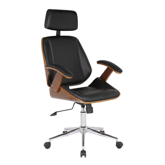Armen Living - Century Office Chair with Multifunctional Mechanism in Chrome finish with Black Faux Leather and Walnut Veneer Back - LCCEOFCHBL veiw 1