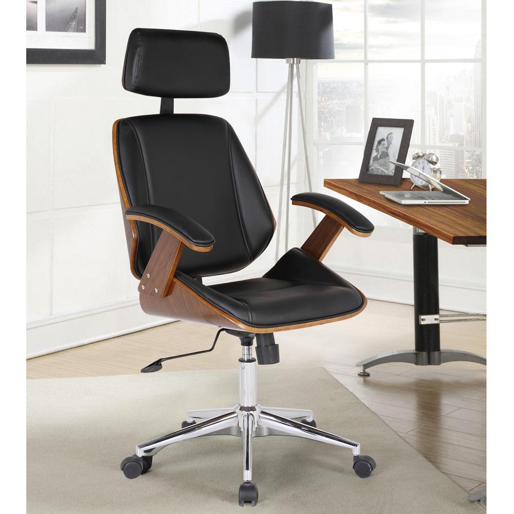Armen Living - Century Office Chair with Multifunctional Mechanism in Chrome finish with Black Faux Leather and Walnut Veneer Back - LCCEOFCHBL veiw 5