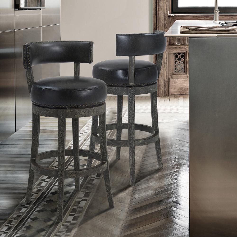Armen Living - Corbin 30in Bar Height Swivel Onyx Faux Leather and American Grey Wood Bar Stool - LCCBBAGRON30 veiw 8