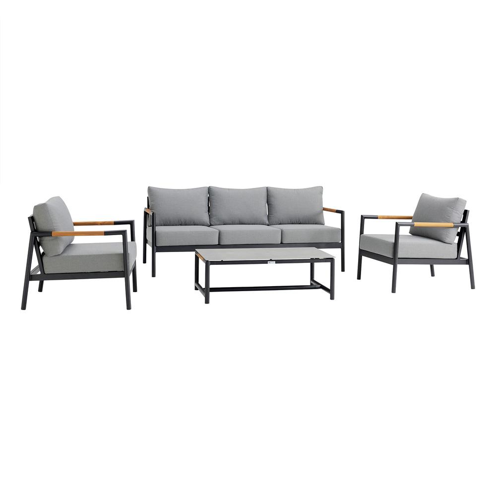 Armen Living - Crown 4 Piece Black Aluminum and Teak Outdoor Seating Set with Dark Gray Cushions - SETODCRBL veiw 1